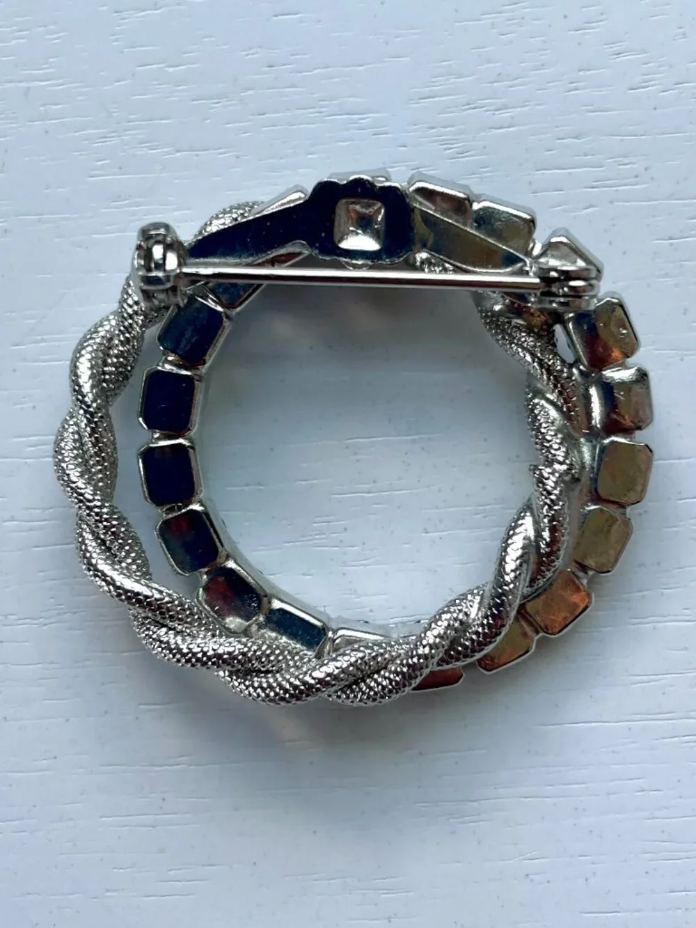 Vintage Double Circle Silver-Tone & Blue Rhinestone Brooch
